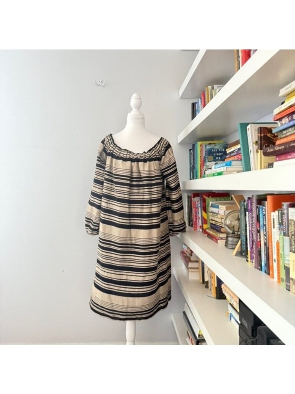 Ann Mashburn Gold and Black Boho Linen Striped Preppy Mini Dress Size Large